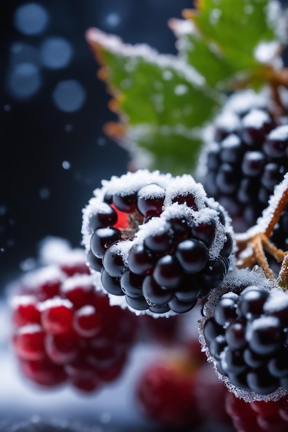 Foto gefrorenes blackberry konzentriert sich nur auf beeren, verschwommener hintergrund