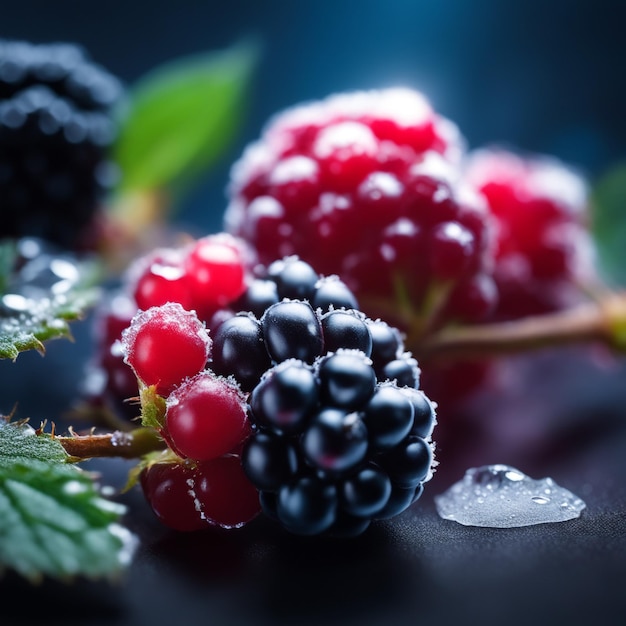 Foto gefrorenes blackberry konzentriert sich nur auf beeren, verschwommener hintergrund