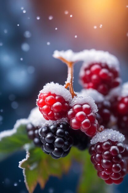 Foto gefrorenes blackberry konzentriert sich nur auf beeren, verschwommener hintergrund