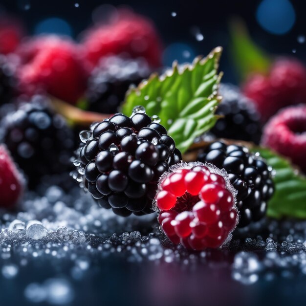 Foto gefrorenes blackberry konzentriert sich nur auf beeren, verschwommener hintergrund