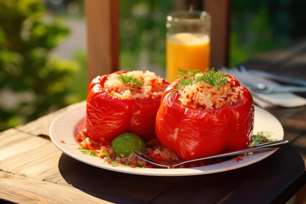 Gefüllte Paprika mit Reis und Gemüse auf einem Holztisch in einem Restaurant