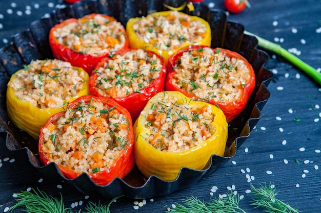 Gefüllte Paprika oder geschmorte Paprika mit Reis und Hackfleisch.