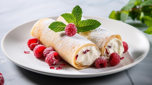 Foto gefüllte pfannkuchen mit hüttenkäse und himbeeren