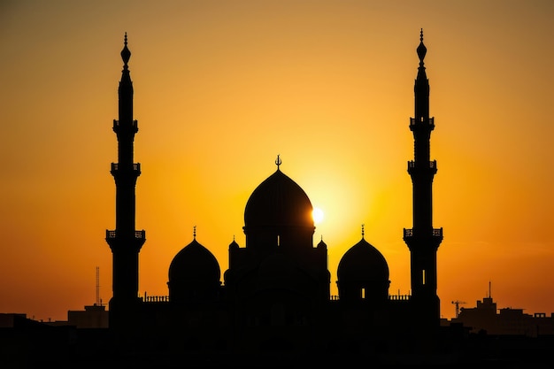 Gegen die untergehende Sonne symbolisiert die Silhouette einer Moschee den heiligen Monat Ramadan, der ein Gefühl von Ruhe und Hingabe hervorruft.