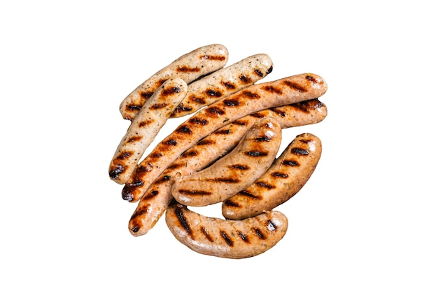 Gegrillte Bratwurst-Fleischwürste auf einem Stahlblech mit Kräutern isoliert auf weißem Hintergrund