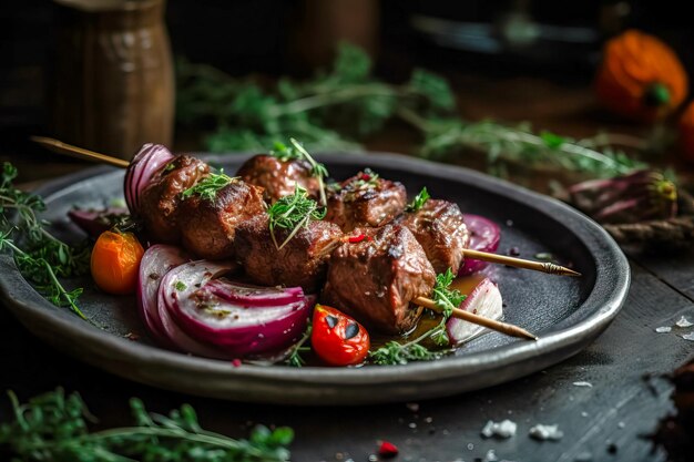 Gegrillte Fleischspieße Schaschlik mit Gemüse auf Holzbrett Gutes Essen Leckeres Essen