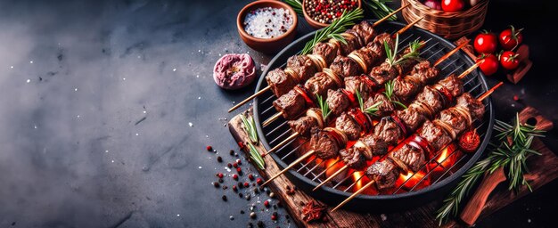 Gegrillte Fleischstücke Appetitreiches gebratenes Fleisch auf dem Feuer Grillfleisch Hintergrundbanner mit Kopierplatz