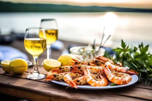 Gegrillte Garnelen mit Zitrone und Soße auf einem Strandpicknicktisch, der mit generativer Ai hergestellt wurde