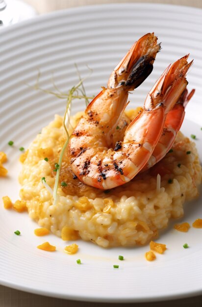 Gegrillte Garnelen und Poutargue-Risotto AI-Generation