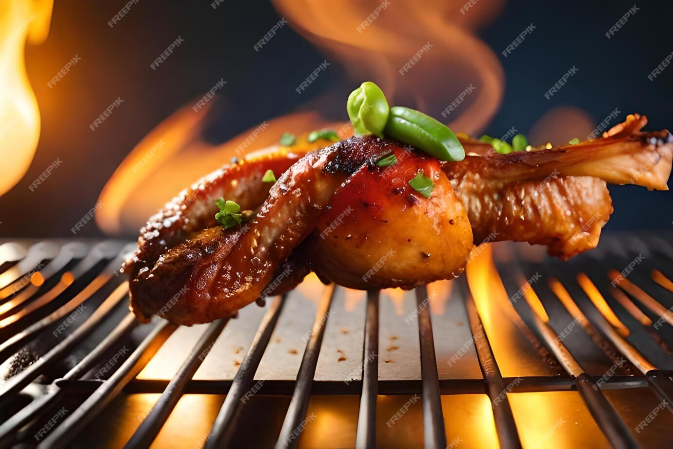 Gegrillte hähnchenflügel auf dem flammengrill mit gegrilltem gemüse in ...