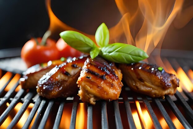 Gegrillte Hähnchenflügel auf dem Flammengrill mit gegrilltem Gemüse in Barbecue-Sauce mit Pfeffer