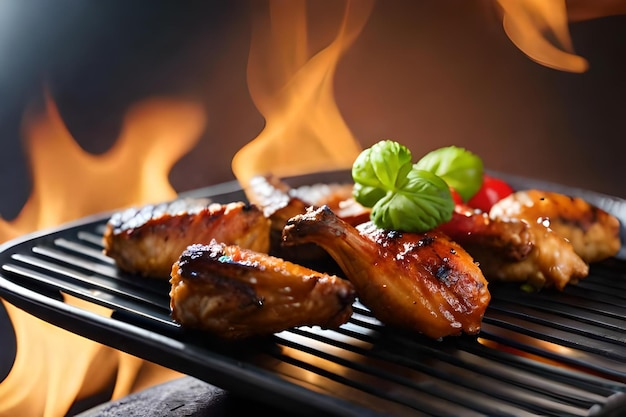Gegrillte Hähnchenflügel auf dem Flammengrill mit gegrilltem Gemüse in Barbecue-Sauce mit Pfeffer
