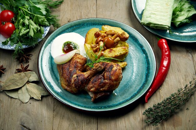 Gegrillte Hähnchenschenkel mit Ofenkartoffeln und türkischer Joghurtsauce auf einem blauen Teller auf einem Holztisch. Leckeres türkisches Essen