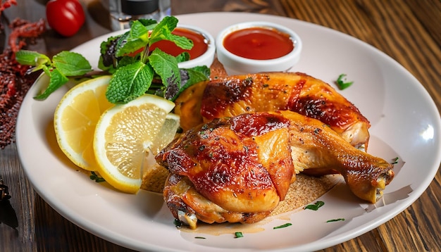 Gegrillte Hähnchenschenkel mit Soße und Zitrone auf einem Holztisch