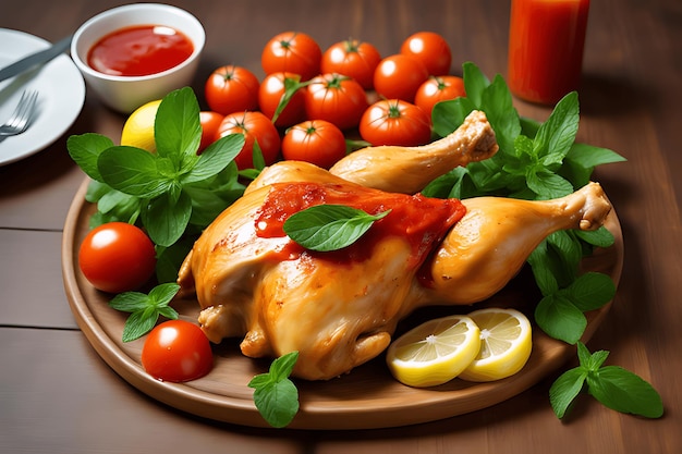 Gegrillte Hähnchenschenkel mit Tomatensauce und Basilikum auf Holztisch in Nahaufnahme