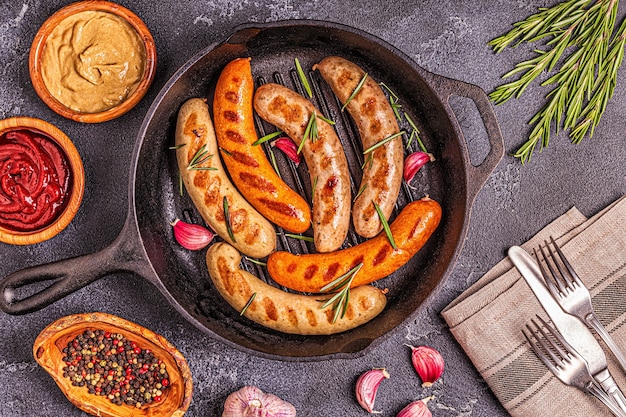 Gegrillte hausgemachte Würste in einer Pfanne, Draufsicht.