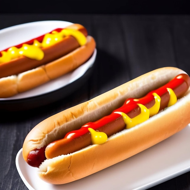 Gegrillte Hotdogs auf weißen Hotdog-Brötchen mit Senf und Ketchup.