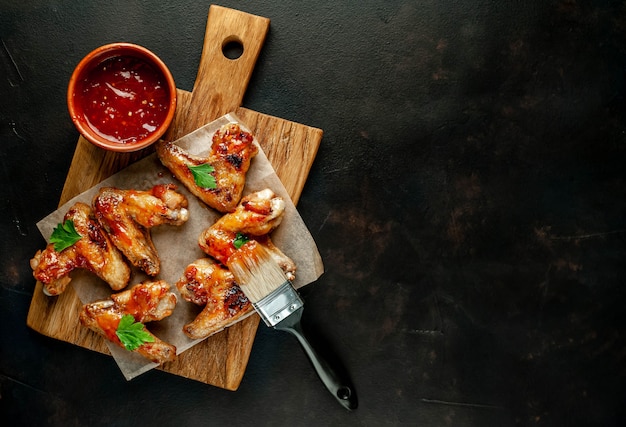 Gegrillte Hühnerflügel in einer Barbecue-Sauce mit Petersilie auf einem Schneidebrett auf einem Betontisch. Draufsicht. mit Kopierplatz für Ihren Text