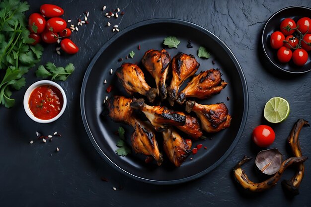 gegrillte Hühnerflügel oder geröstetes BBQ mit Gewürzen und Tomatensalz auf einem schwarzen Teller