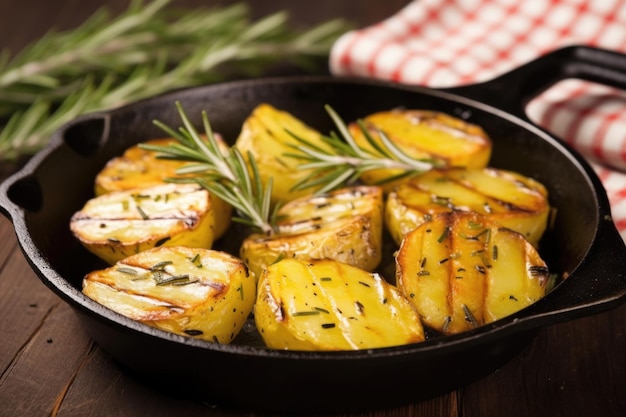 Gegrillte Kartoffeln mit Rosmarin in einer Gusseisenpfanne