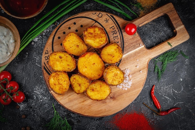 Gegrillte Kartoffeln, serviert auf einem Holzbrett auf einem dunklen Steintisch mit Gemüsecreme und Tomatensauce Vegane Küche Lieferservice für Fast-Food-Restaurants