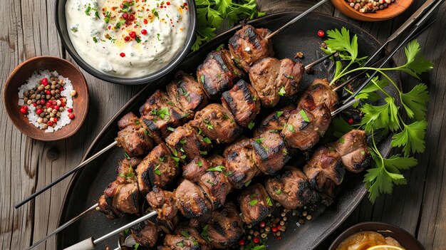 Gegrillte Lammspieße, mariniert in griechischem Joghurt und aromatischer Sauce Restaurantgericht, das aus der Nähe serviert wird, hochwertiger Kurs, der schwierig zu zubereiten ist Kulinarisches Exzellenzkonzept, generiert von KI