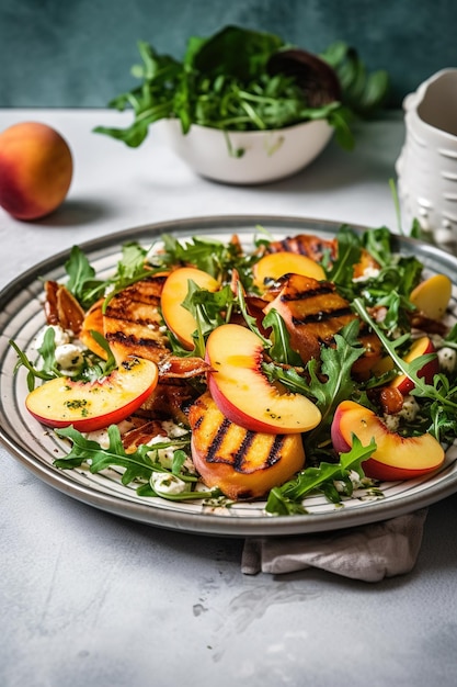 Gegrillte Pfirsiche und Pfirsichsalat mit einer Beilage Rucola auf einem Teller