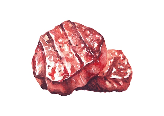 Gegrillte Rindersteaks. Gezeichnete Illustration des Aquarells Hand, lokalisiert auf weißem Hintergrund