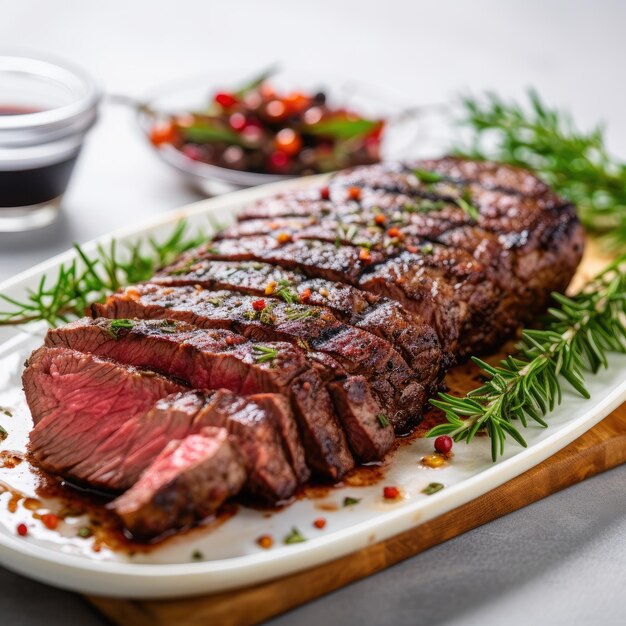 gegrillte Rindfleischsteaks mit Gewürzen auf weißem Hintergrund