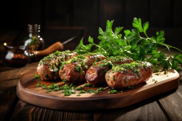 Gegrillte Schweinswürste mit Senfkräutern auf Holzbrett, Platz für Text