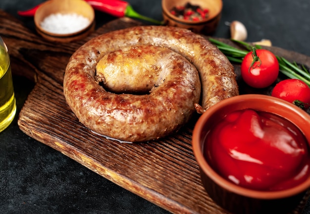 Gegrillte Spiralwurst mit Gewürzen auf einem Schneidebrett