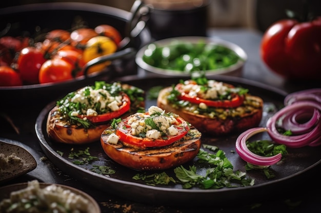 Gegrillte Tomaten und Käse auf gebackenem Brot