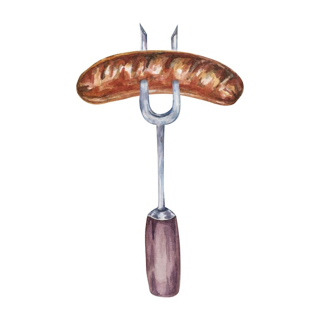 Gegrillte Würstchen auf der Gabel in Aquarell Grillthema deutsches österreichisches Essen Bratwurst für das Oktoberfest Clipart für Flyer Brauerei Snackstand