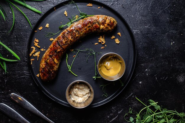 Gegrillte Würstchen auf einem dunklen Teller mit Soße