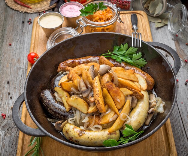 Gegrillte Würstchen, Kartoffeln und Sauerkraut auf der Pfanne auf einem Holztisch