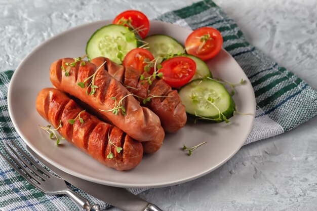 Gegrillte Würstchen mit frischem Gemüse liegen auf der Platte