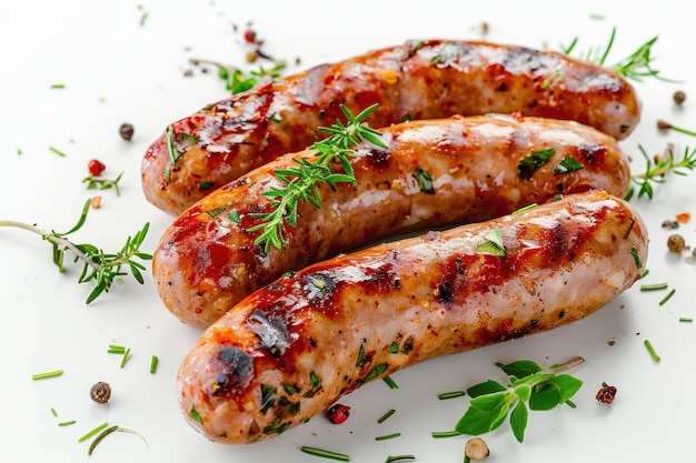 Gegrillte Würstchen mit Kräutern auf weißem Hintergrund mit köstlich braunen Texturen und garniert mit frischem Grün