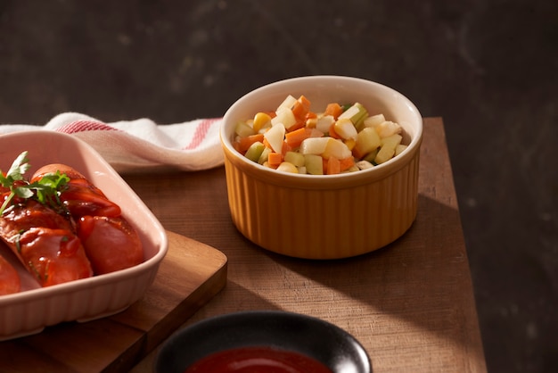 Gegrillte Würstchen mit Sauce Ketchup auf einem Holztisch