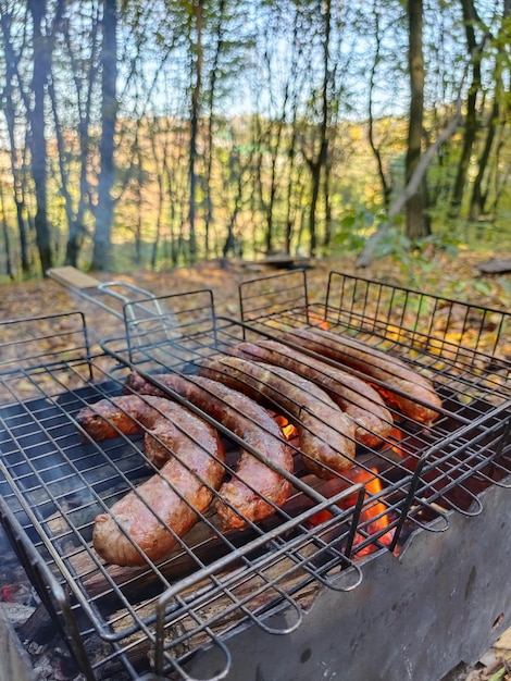 Gegrillte Wurst im Freien im Park auf einem Hintergrund von Bäumen. Der Hintergrund ist verschwommen.