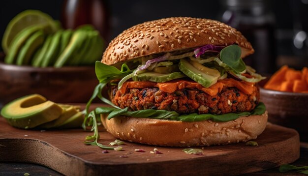 Gegrillter Beef-Burger auf rustikalem Brötchen mit durch KI erzeugter Frische