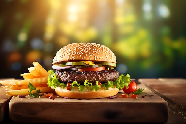 Gegrillter Burger mit Pommes Frites auf einem Holztisch im verschwommenen Hintergrund