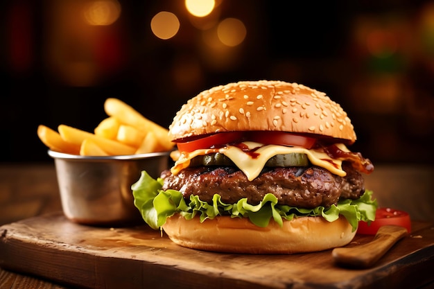 Foto gegrillter burger mit pommes frites auf einem holztisch im verschwommenen hintergrund