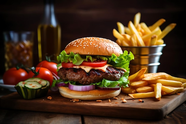 Gegrillter Burger mit Pommes Frites auf einem Holztisch im verschwommenen Hintergrund