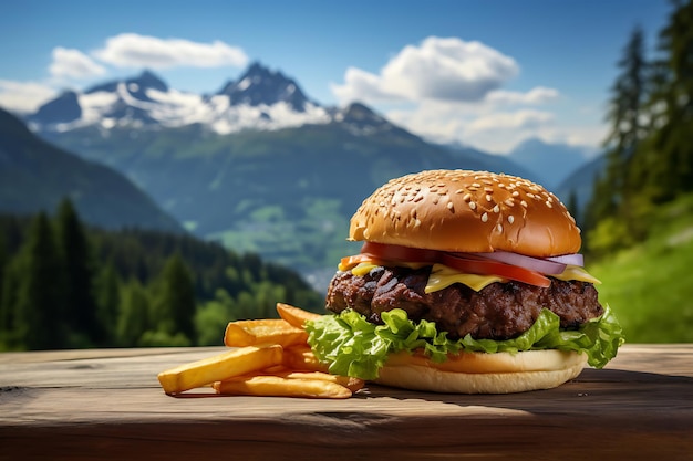 Foto gegrillter burger und pommes frites auf einem holztisch mit verschwommenem hintergrund