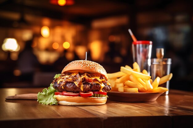 Gegrillter Burger und Pommes Frites auf einem Holztisch mit verschwommenem Hintergrund