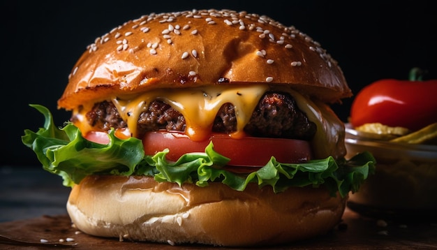 Gegrillter Cheeseburger auf Sesambrötchen mit von KI generierten Pommes