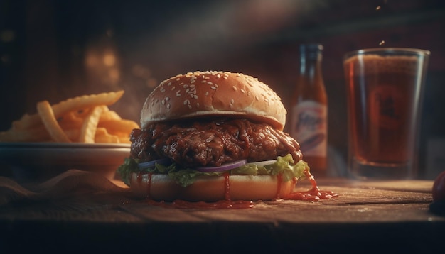 Gegrillter Cheeseburger und Pommes auf einem Holztisch im amerikanischen Pub, erzeugt durch künstliche Intelligenz