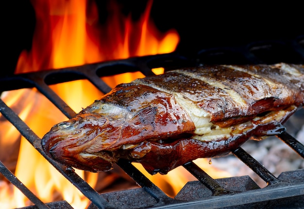 Gegrillter Fisch auf einer Grillpfanne. Grillen kochen.