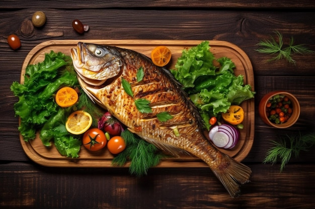 Gegrillter Fisch mit Gemüse auf einem Holzhintergrund