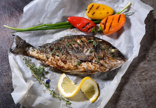 Gegrillter Fisch mit Gemüse Thymian und Zwiebeln